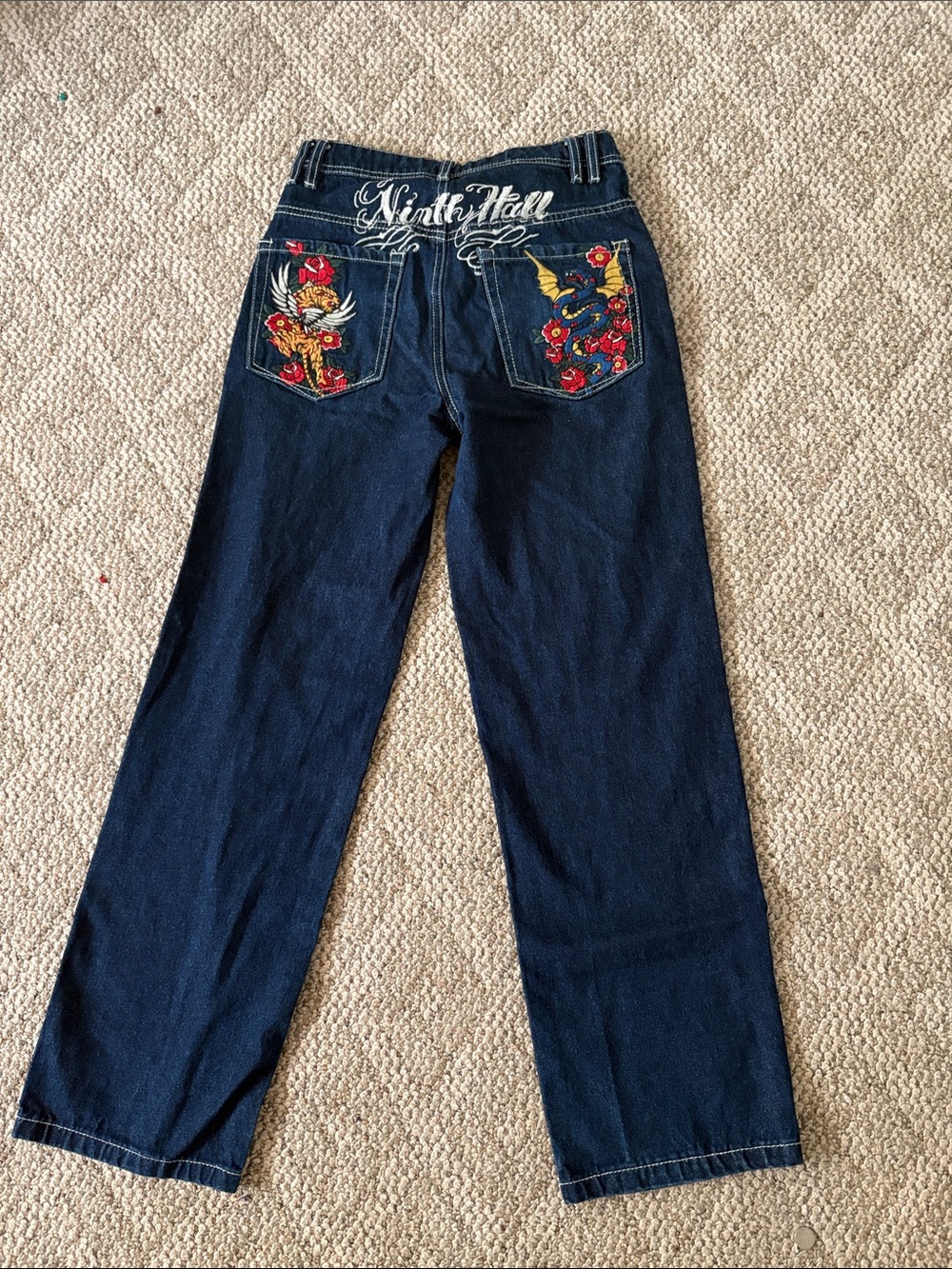 Ninth Hall Dark Blue Straight-Leg Jeans with Embroidered Pockets